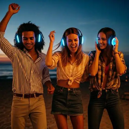 Venner som danser med lysende blå trådløse hodetelefoner på strandfest i skumringen